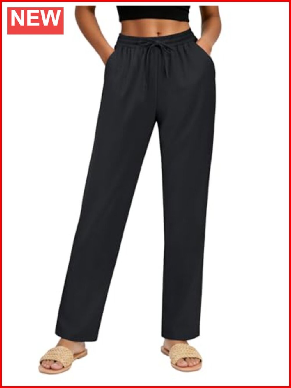 Cotton Linen High Waist Drawstring Straight Leg Pants